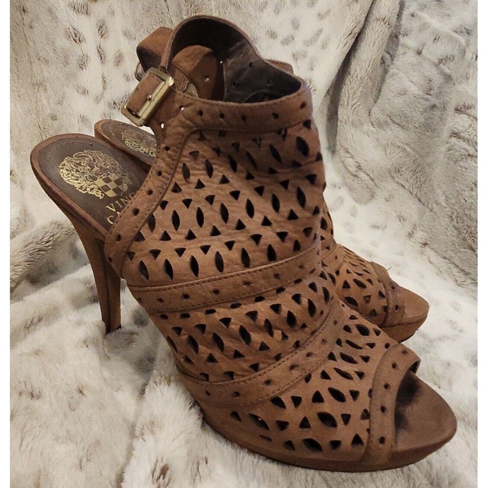 VINCE CAMUTO ‎ Shoe Womens  8 Designer High Heels Leather Brown Peep Toe Buckle